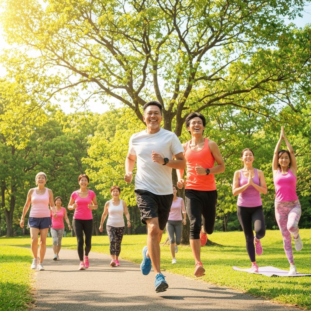 Ihmiset harrastamassa kevyttä liikuntaa luonnossa